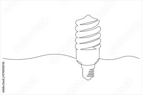 Single continuous line drawing of an economy light bulb. Compact fluorescent lamp energy-saving light sketch outline vector illustration.