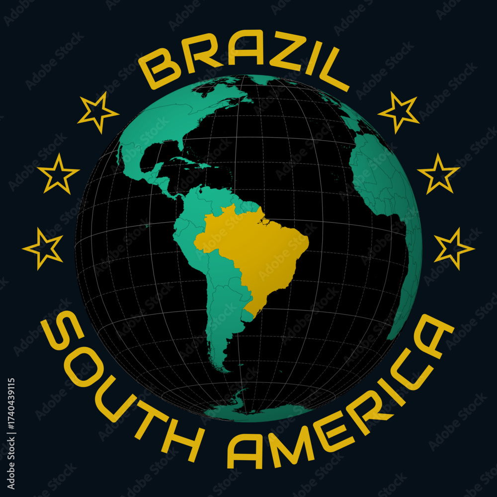 Obraz premium Brazil on Globe. Round country and continent name text. Country view on world map in Black Emerald color palette. Brazil shape on map. Elegant vector illustration.