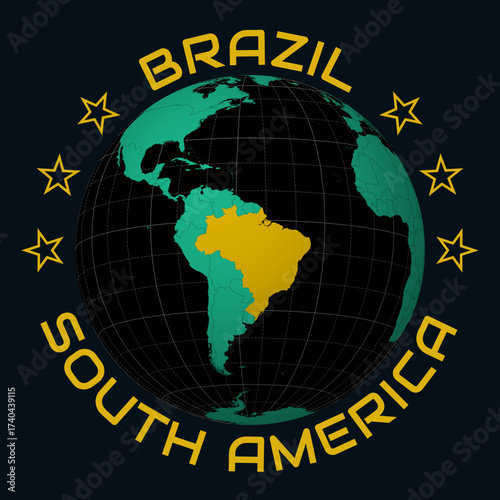 Brazil on Globe. Round country and continent name text. Country view on world map in Black Emerald color palette. Brazil shape on map. Elegant vector illustration.