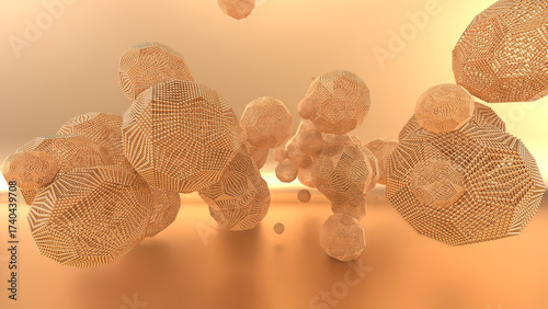  Abstract 3D rendering of geometric wireframe polyhedra floating in a warm golden-orange space. The intricate lattice structures resemble futuristic nanotechnology, molecular networks, or digital data