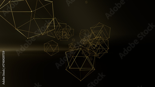 Abstract 3D rendering of geometric wireframe polyhedra floating in a warm golden-orange space. The intricate lattice structures resemble futuristic nanotechnology, molecular networks, or digital data