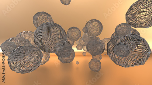 Abstract 3D rendering of geometric wireframe polyhedra floating in a warm golden-orange space. The intricate lattice structures resemble futuristic nanotechnology, molecular networks, or digital data