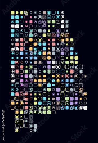 Alabama, shape of the state build of colored cells. Digital style map of the Alabama on dark background. Large size rounded square blocks. Trending vector illustration.