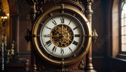 Close-up of an Antique Clock with Intricate Gears and Roman Numerals.