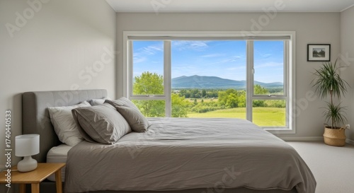 Comfortable bedroom interior boasts a large window framing expansive outdoor scenery, offering natural light over a neatly made bed with fluffy pillows, alongside a table lamp and a potted plant...