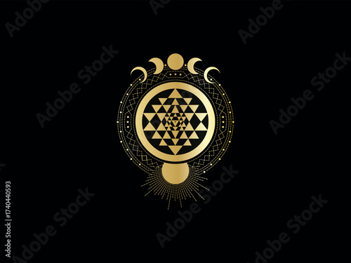 Sacred geometry Sri Yantra with moon phases on a black background