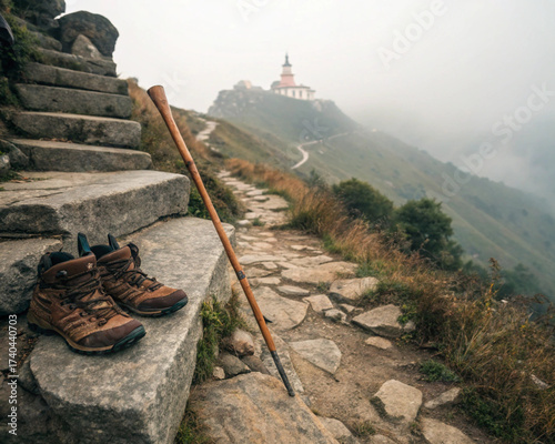 Worn hiking boots and staff resting on ancient steps of a mountain pilgrimage path. Spiritual travel, long-distance walking, personal journey, and reflection concept.