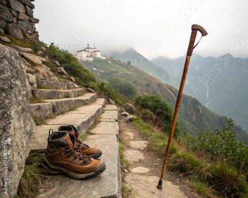 Worn hiking boots and staff resting on ancient steps of a mountain pilgrimage path. Spiritual travel, long-distance walking, personal journey, and reflection concept.