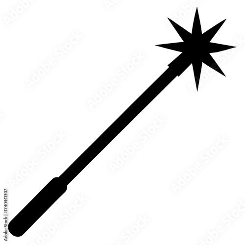 A minimalist magic wand silhouette, very slender, with a single large sparkle at its tip