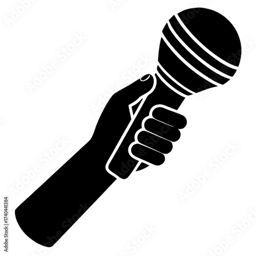 A silhouette of a hand holding a modern, sleek wireless microphone at a slight angle