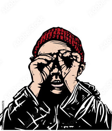Detailed hand-drawn portrait of a man wearing glasses and a beanie. Ideal for editorial designs, print artwork, or fashion illustration