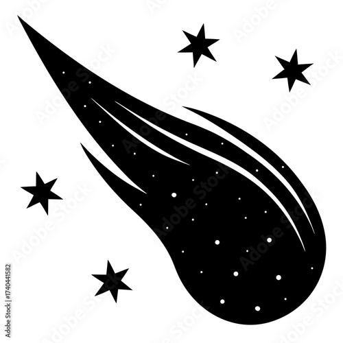 Black and White Comet Silhouette with Trailing Dust and Stars Vector Illustration