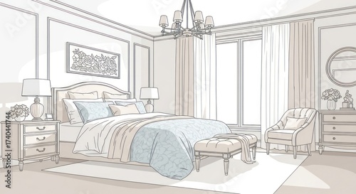 Interior illustration depicts a luxurious bedroom featuring a large bed with decorative pillows, a patterned duvet, bedside tables, and lamps.