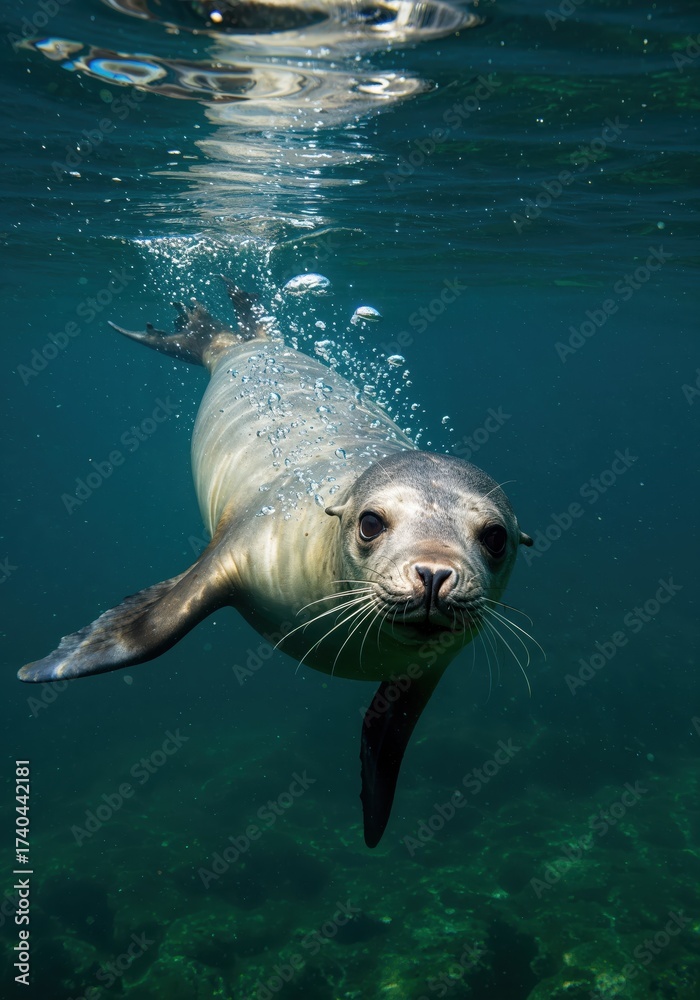 Fototapeta premium Underwater Seal's Gaze: An enchanting image showcasing a sleek seal gracefully gliding underwater, with its inquisitive eyes and whiskers capturing a sense of marine elegance and wildlife beauty.