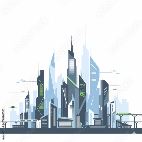 Futuristic Cityscape with Sleek Buildings and Elevated Train.
