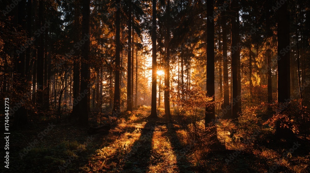 Obraz premium Forest with sunlight shining through the trees