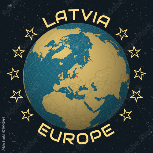 Latvia on Globe. Country name round text. Vintage look with grunge scratched texture. Country view on world map in Sky Blue Light Yellow color palette. Latvia shape on map.