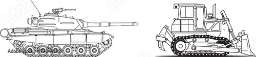 Line art illustration of a military tank and a heavy construction bulldozer