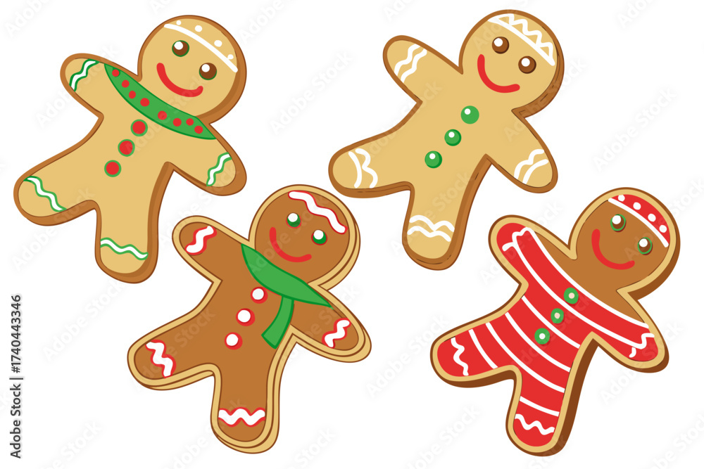 Naklejka premium set of Gingerbread man cookie with icing decoration, holiday vector design isolated on white background