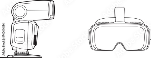 Line Art Illustration of a Camera Flash and a Virtual Reality Headset