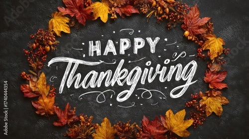 Happy thanksgiving chalkboard art surrounded by a festive autumn wreath of colorful fall leaves and pinecones