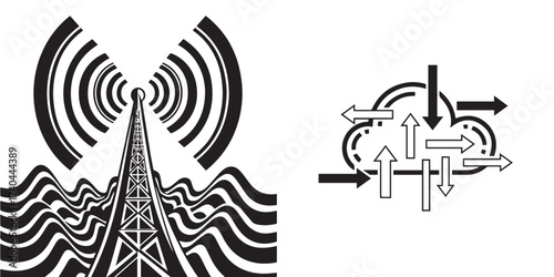 Abstract Digital Connectivity: Wireless Communication Tower and Cloud Data Flow