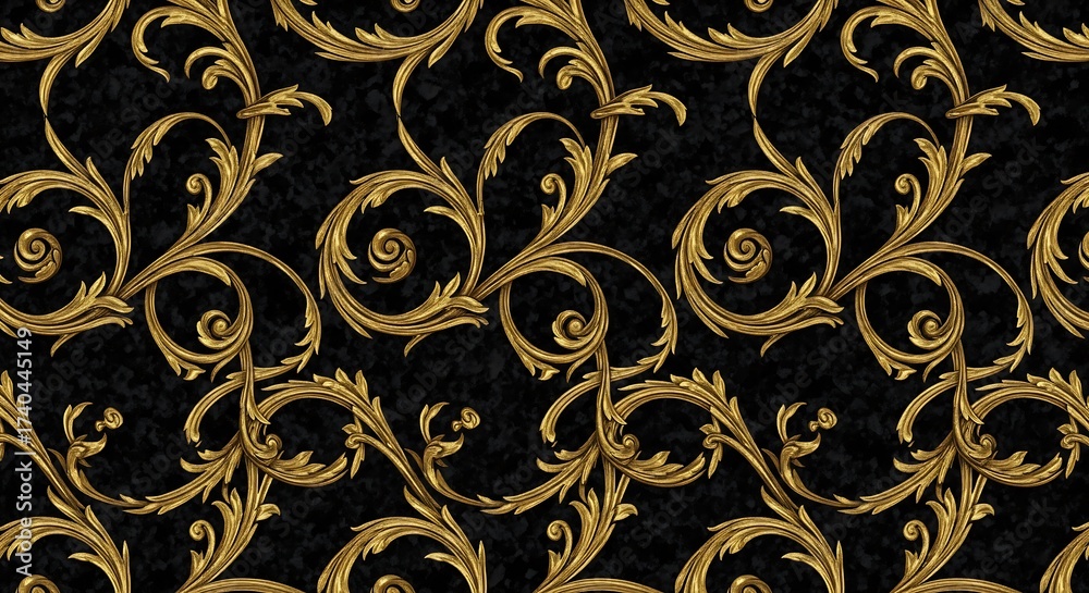 Seamless wallpaper texture of luxurious baroque swirls and filigree on a dark background.