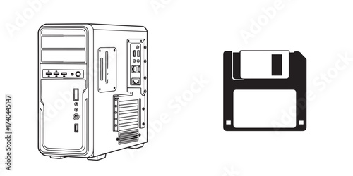 Vintage Computer Hardware Illustration with Desktop PC Tower and Floppy Disk