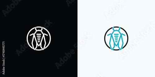 geometric cicada insect logo design set on a black and white background