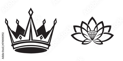 Stylized Black and White Crown and Lotus Flower Graphic Elements