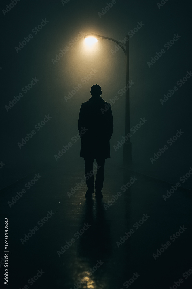 Obraz premium A solitary figure stands under the soft glow of a street lamp, surrounded by a dense, ethereal fog, evoking a sense of introspection and mystery. The scene captures the quiet solitude of a moment.