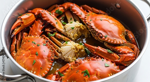 Cooked Crabs with Garlic Butter Sauce in Stainless Steel Pot