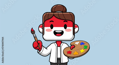 Cartoon Artist with Indonesian Flag Face Holding Palette and Brush.