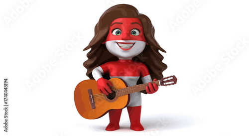 Cartoon Character with Indonesian Flag Design Playing Guitar.