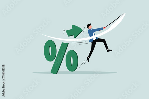 Cutting or reducing inflation through monetary policy, the concept of raising interest rates to control inflation to an acceptable level, businessmen cutting percentage signs with a sword.