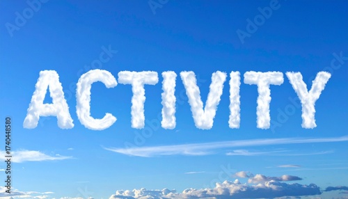活動やアクティビティを意味する英単語のACTIVITYの形の文字が雲に浮かぶ空の背景。aiで生成
