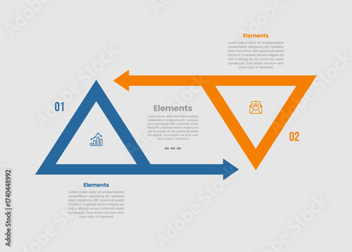 2 elements infographic comparison diagram with triangle shape and long arrow with opposite comparison with 2 step for slide presentation