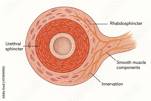 Anatomical illustration of the urethral sphincter and surrounding structures, showing innervation and smooth muscle components.