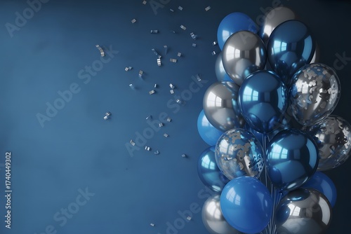 Wallpaper Mural A festive cluster of shiny blue and silver balloons floats against a deep blue textured background with scattered confetti adding a touch of sparkle and celebration Torontodigital.ca