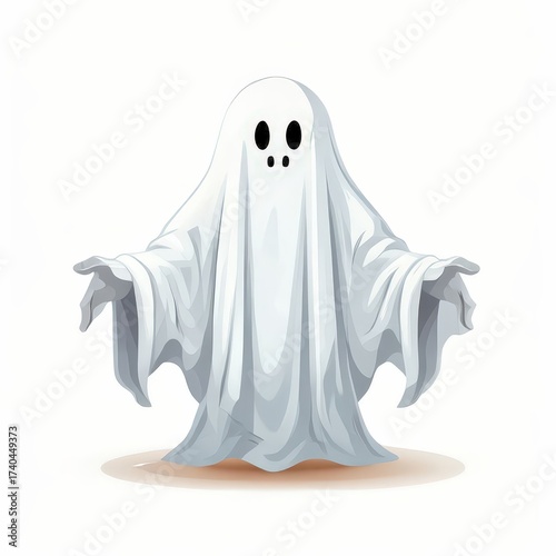 an AI Image Generator, Illustration of a Friendly Ghost in a White Sheet Costume Floating