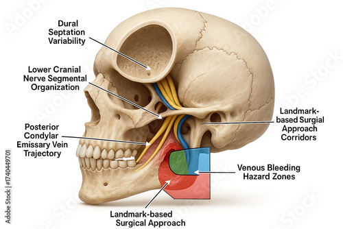 Anatomical illustration of the human skull showcasing dural septation variability, lower cranial nerve segmental organization, posterior condylar emissary vein trajectory, landmark-based surgical appr