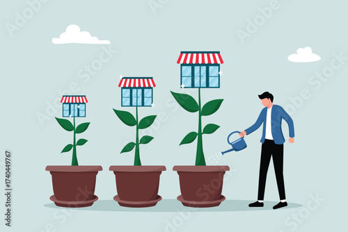Growing a business or expanding a store, a business with a growing tree. A company leader watering a new, blossoming store.