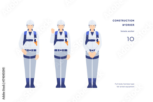 建設現場で活躍する女性エンジニアのイラストセット（墜落制止用器具着用）