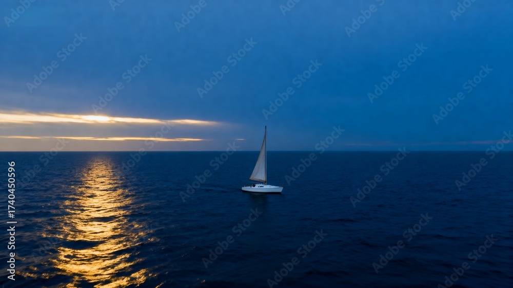 Obraz premium Sailboat at Sunset: Serene Ocean Landscape with Golden Reflection and Blue Sky