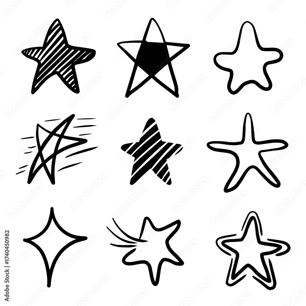 Obraz premium Star hand drawn set. Black vector star illustration drawn in doodle style on a white background