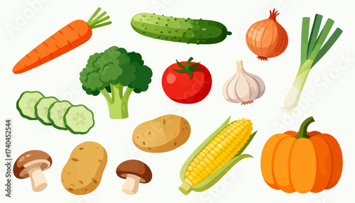 A collection of vegetables and fruits including carrots, broccoli, tomatoes, potatoes, onions, and squash