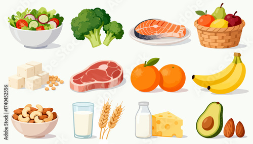 A collection of healthy foods including fruits, vegetables, and dairy products. Concept of health and wellness, encouraging viewers to make healthy food choices