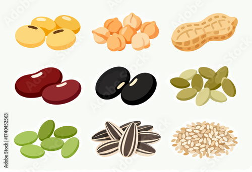 A collection of various seeds and nuts, including peanuts, sunflower seeds, and pumpkin seeds. Concept of abundance and variety, showcasing the diverse range of healthy snack options available