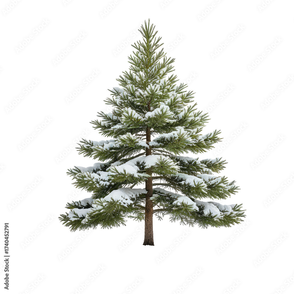 Fototapeta premium Evergreen fir tree with snow, on a black background, isolated for use