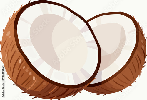 Two halves of a coconut on a white background. The coconut is cut in half, revealing its white interior